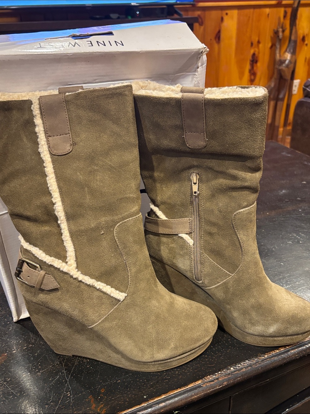 Nine West Olive Suede Shearling Trim Wedge Boots